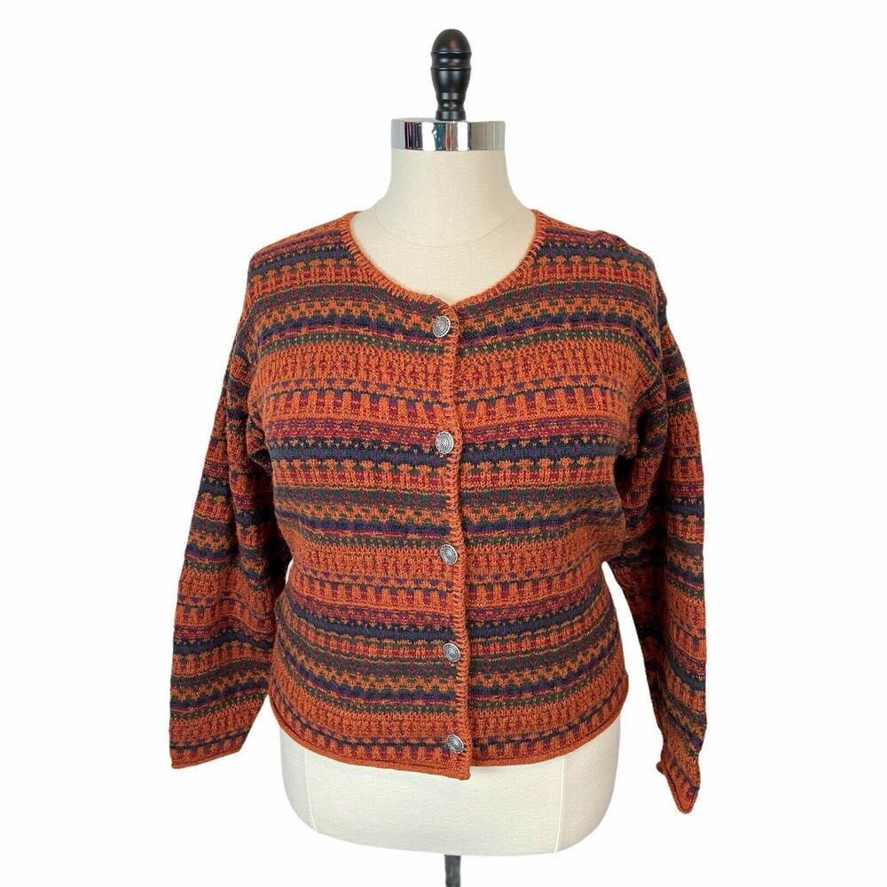 Cardigan Sweater Wool Blend Alps Vintage Orange Multi Striped sz XL